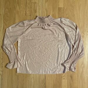 Worthington Blush/Metallic Smocked Mock Neck Puff Sleeve Blouse, Size L